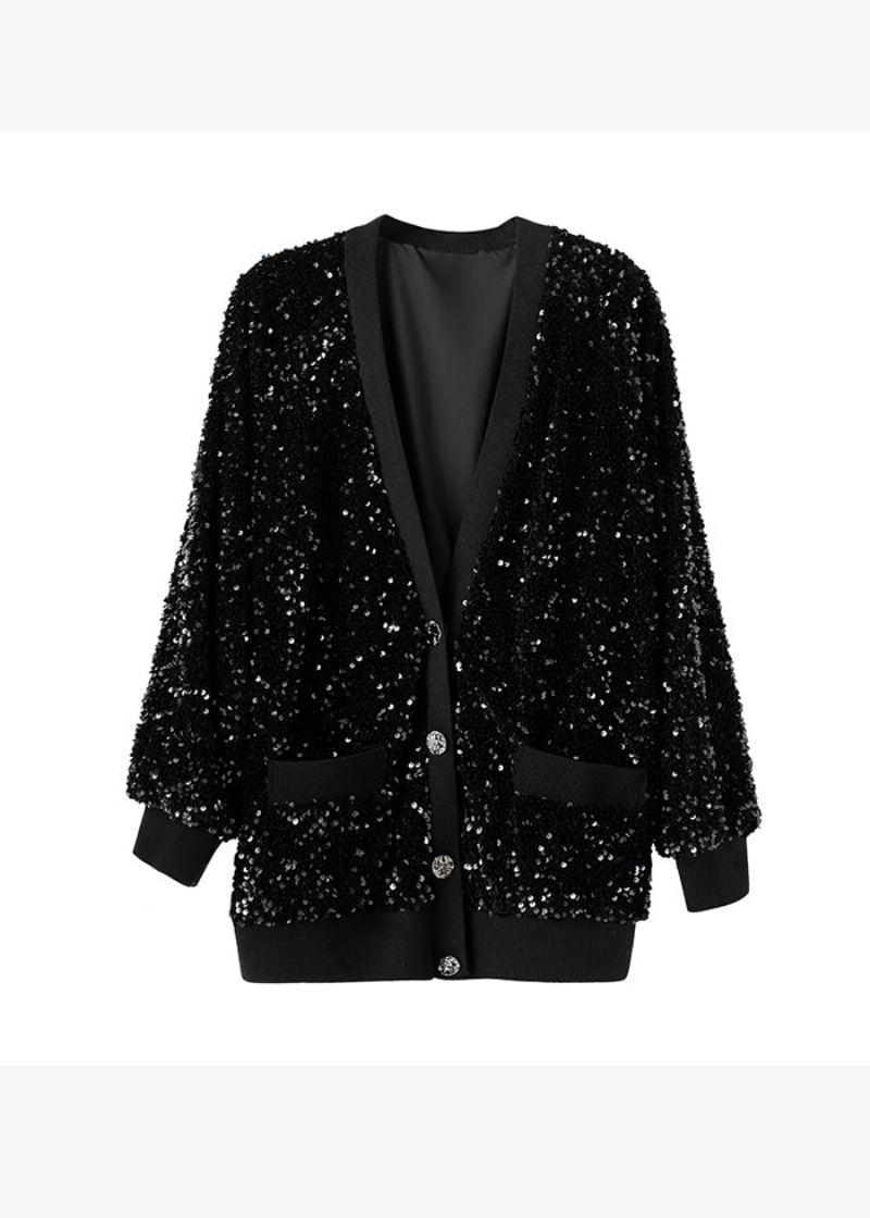 Boutique Moderne Noir Col En V Poches Paillettes Manteau Court Printemps - Manteaux d'hiver femmes