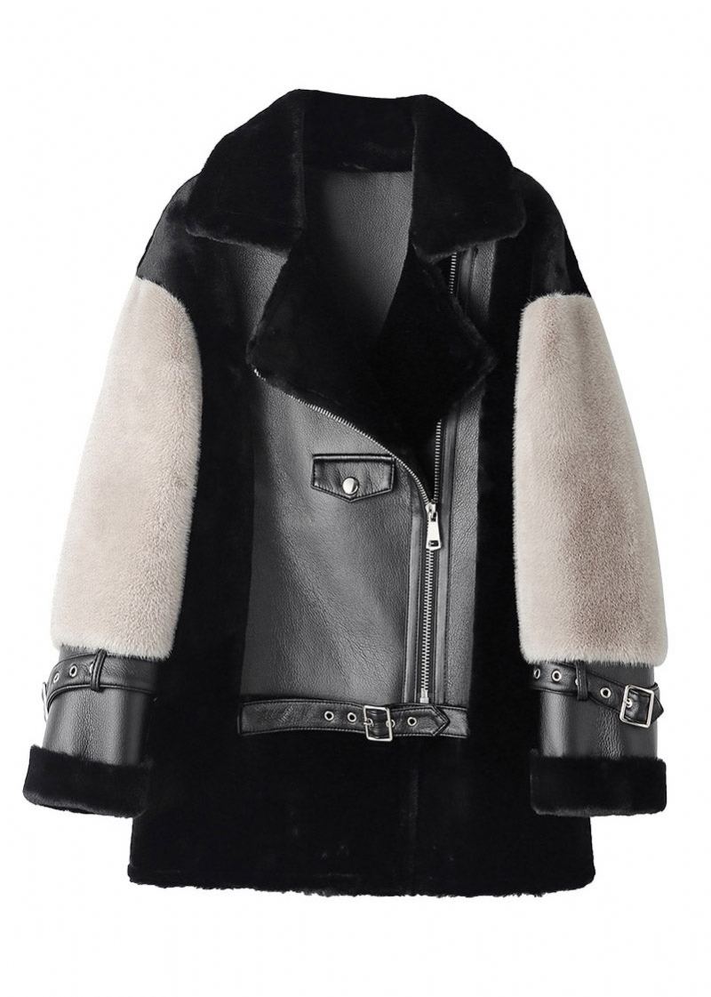 Boutique Noir Col Claudine Fermeture Éclair Patchwork Faux Cuir Vison Velours Vestes Hiver - Manteaux d'hiver femmes