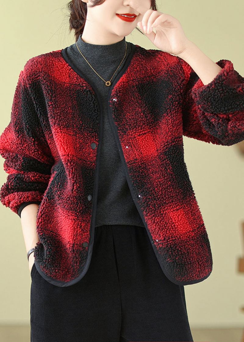 Boutique Rouge Col Rond Poches Plaid Fausse Fourrure Vestes Automne - Manteaux d'hiver femmes