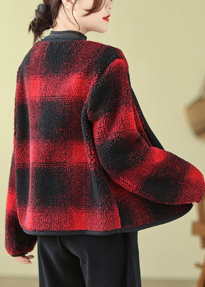 Boutique Rouge Col Rond Poches Plaid Fausse Fourrure Vestes Automne - Manteaux d'hiver femmes