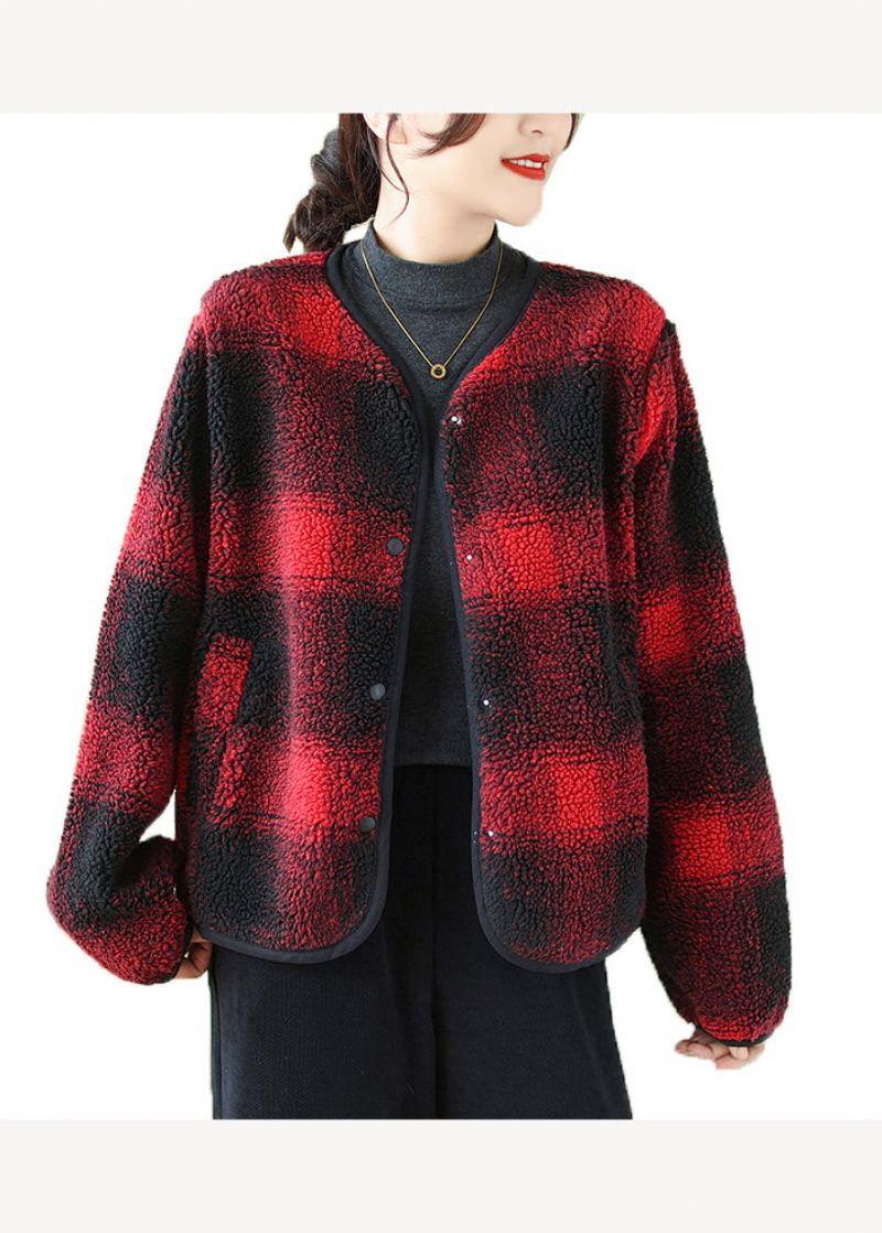 Boutique Rouge Col Rond Poches Plaid Fausse Fourrure Vestes Automne - Manteaux d'hiver femmes