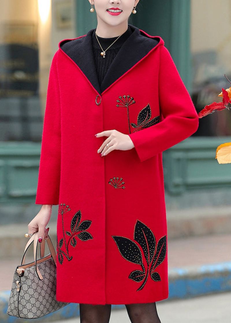 Boutique Rouge Jacquard Zircon Laine À Capuche Trench Printemps