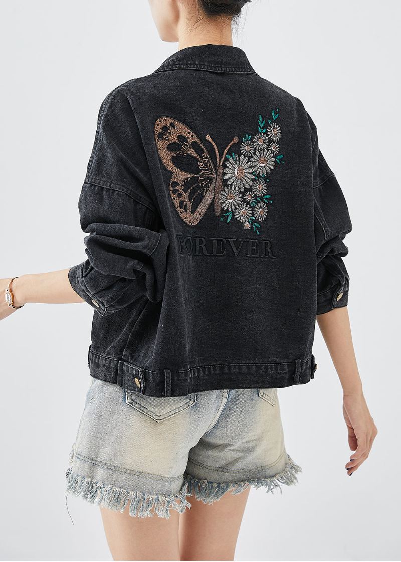 Boutique Veste En Jean Noire Avec Lettres Brodées Et Papillons Automne - Manteaux d'hiver femmes