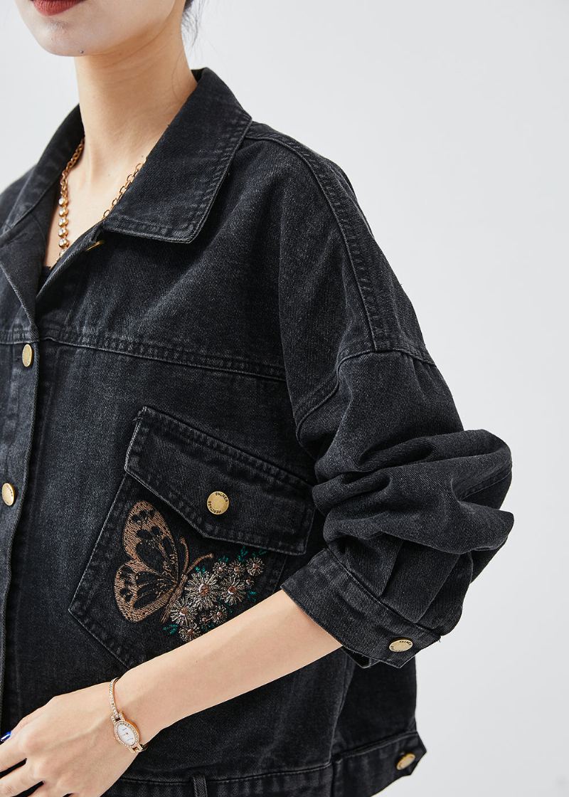 Boutique Veste En Jean Noire Avec Lettres Brodées Et Papillons Automne - Manteaux d'hiver femmes