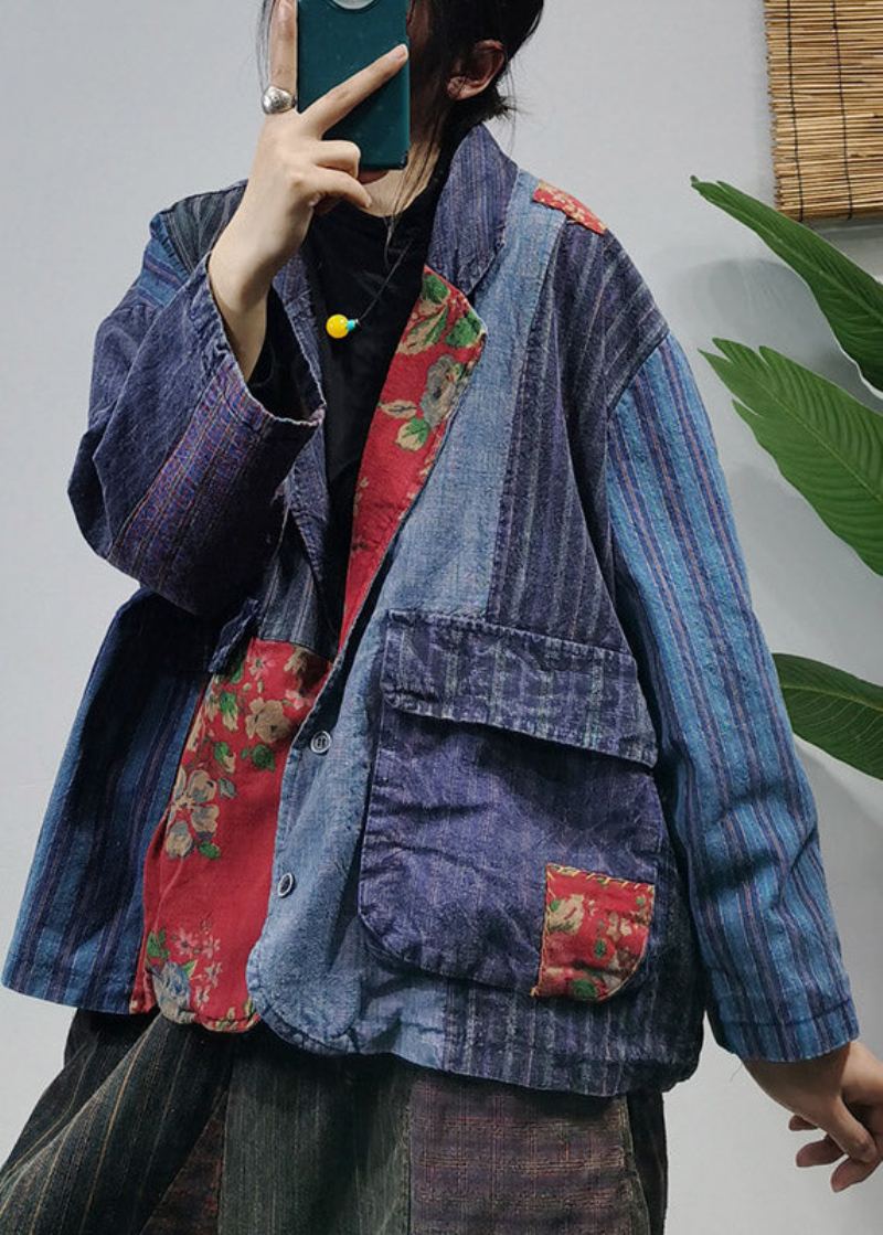 Bouton Bleu Ample Col Claudine Patchwork Coton Manteau Vêtements D'extérieur À Manches Longues - Manteaux d'hiver femmes