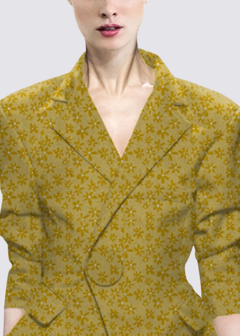 Bouton Jaune Naturel Col Claudine Imprimé Vêtements De Style Occidental Manteau À Manches Longues - Manteaux d'hiver femmes