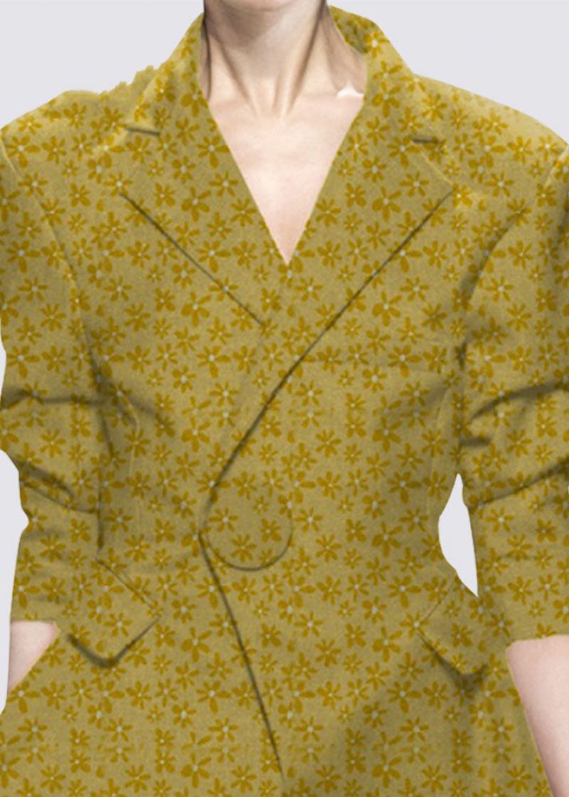 Bouton Jaune Naturel Col Claudine Imprimé Vêtements De Style Occidental Manteau À Manches Longues - Manteaux d'hiver femmes