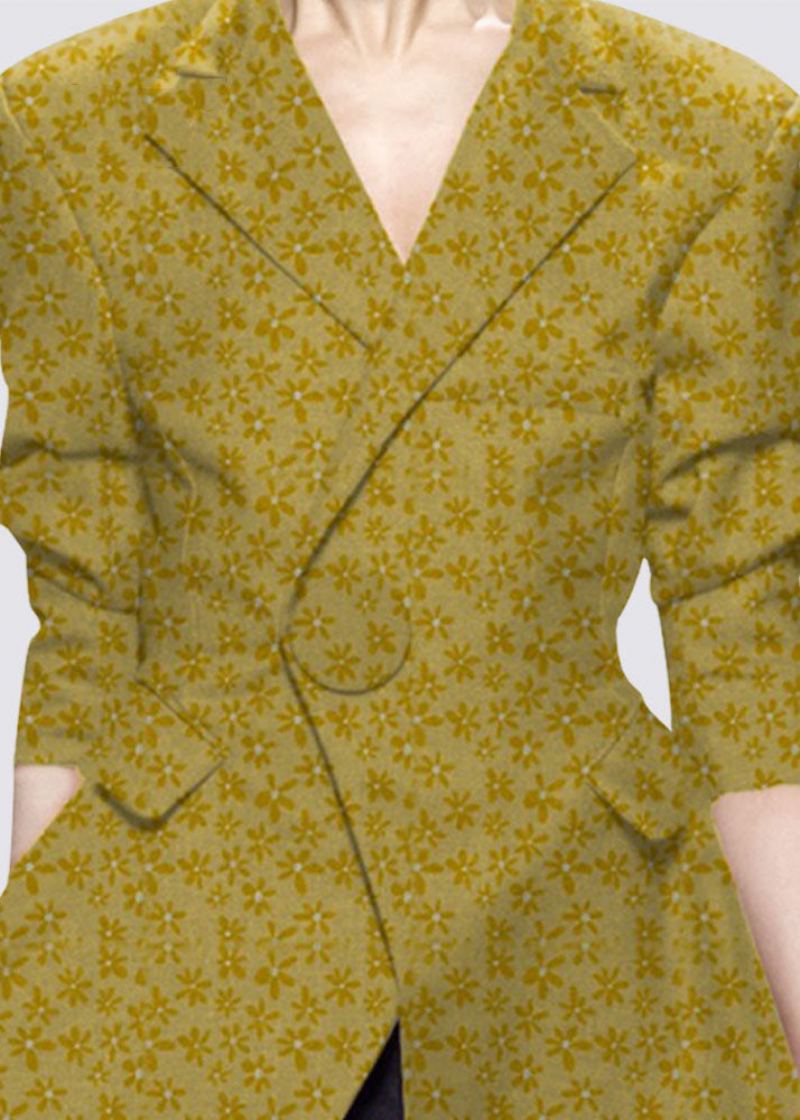 Bouton Jaune Naturel Col Claudine Imprimé Vêtements De Style Occidental Manteau À Manches Longues - Manteaux d'hiver femmes