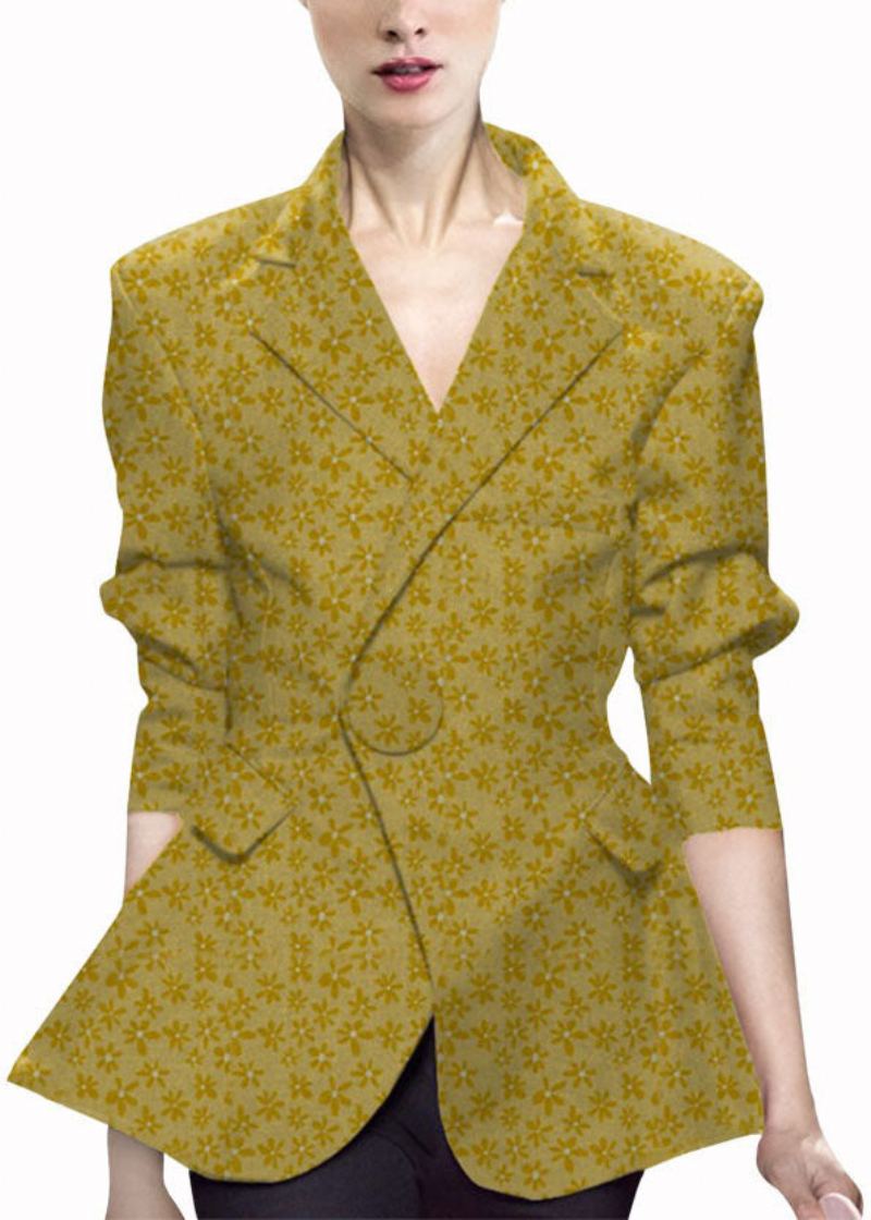 Bouton Jaune Naturel Col Claudine Imprimé Vêtements De Style Occidental Manteau À Manches Longues - Manteaux d'hiver femmes