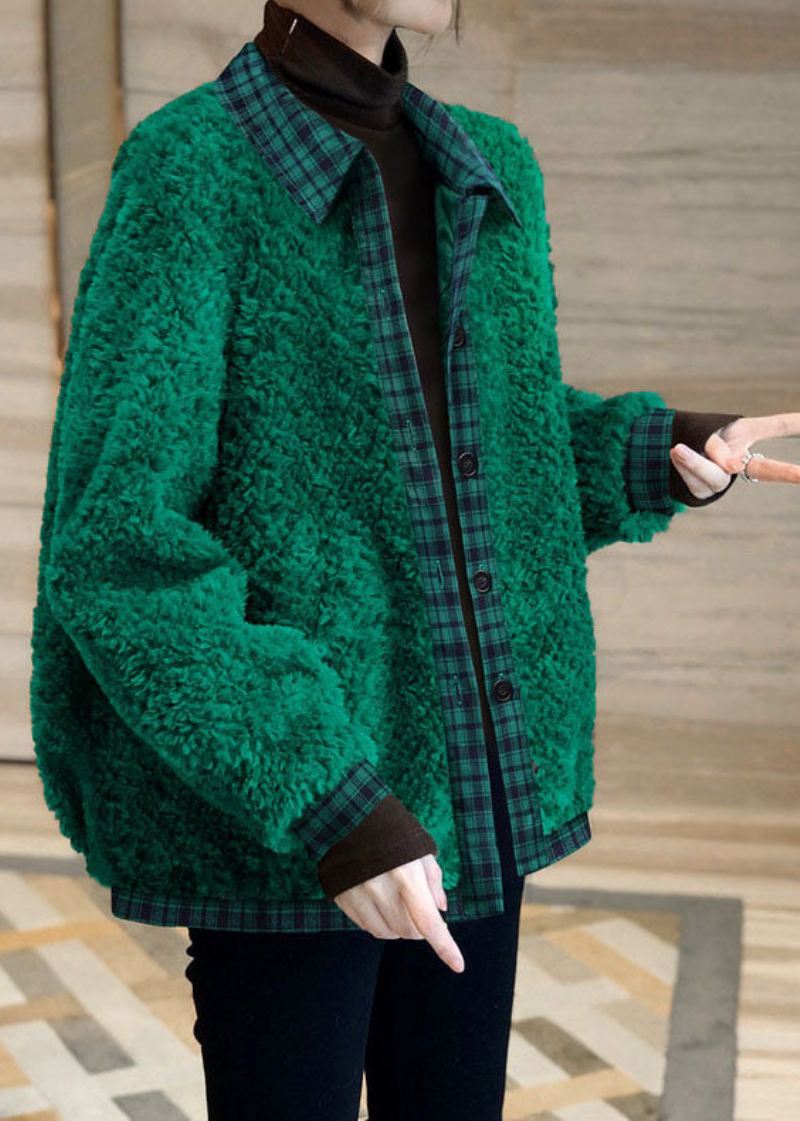 Bouton Vert Simple Patchwork Fausse Fourrure Vêtements D'extérieur Hiver