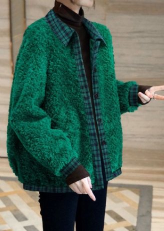 Bouton Vert Simple Patchwork Fausse Fourrure Vêtements D'extérieur Hiver