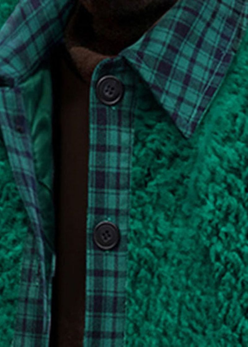 Bouton Vert Simple Patchwork Fausse Fourrure Vêtements D'extérieur Hiver - Manteaux d'hiver femmes