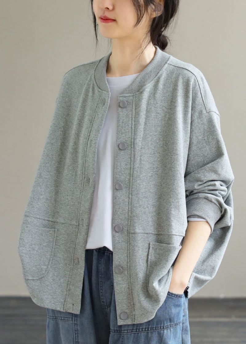 Bref Gris Col Rond Bouton Manteau En Coton Uni Manches Longues