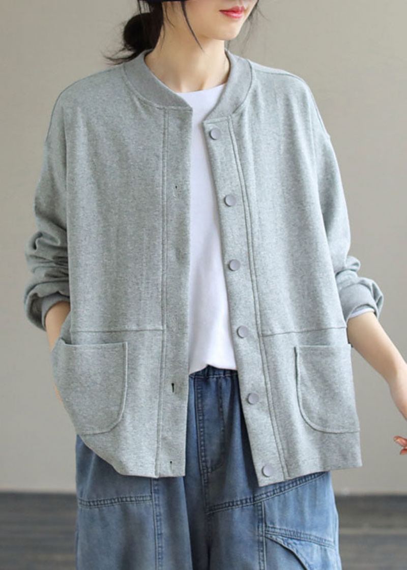 Bref Gris Col Rond Bouton Manteau En Coton Uni Manches Longues - Gris