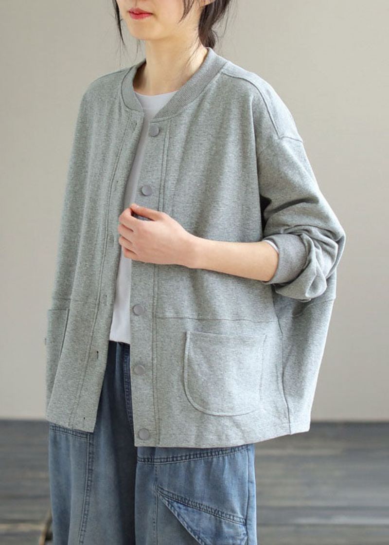 Bref Gris Col Rond Bouton Manteau En Coton Uni Manches Longues - Gris