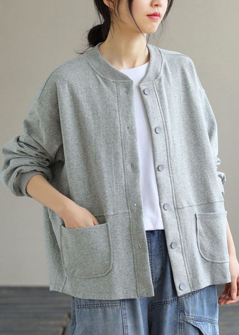 Bref Gris Col Rond Bouton Manteau En Coton Uni Manches Longues - Gris