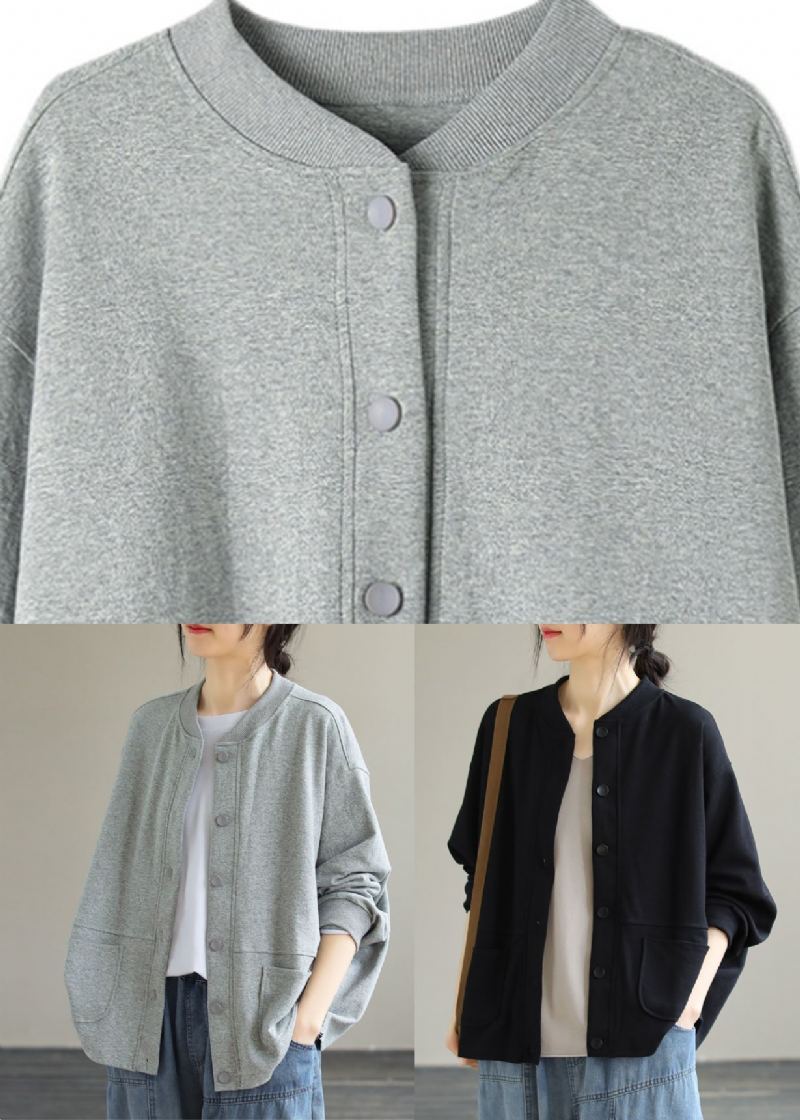 Bref Gris Col Rond Bouton Manteau En Coton Uni Manches Longues - Gris