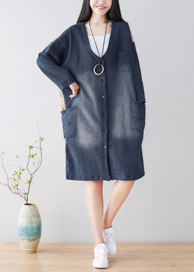 Bricolage Bleu Col En V Patchwork Trench Manteaux Printemps