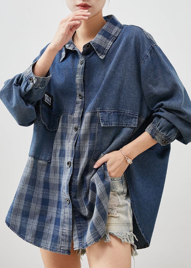 Bricolage Bleu Surdimensionné Patchwork Plaid Denim Manteaux Printemps - Manteaux d'hiver femmes