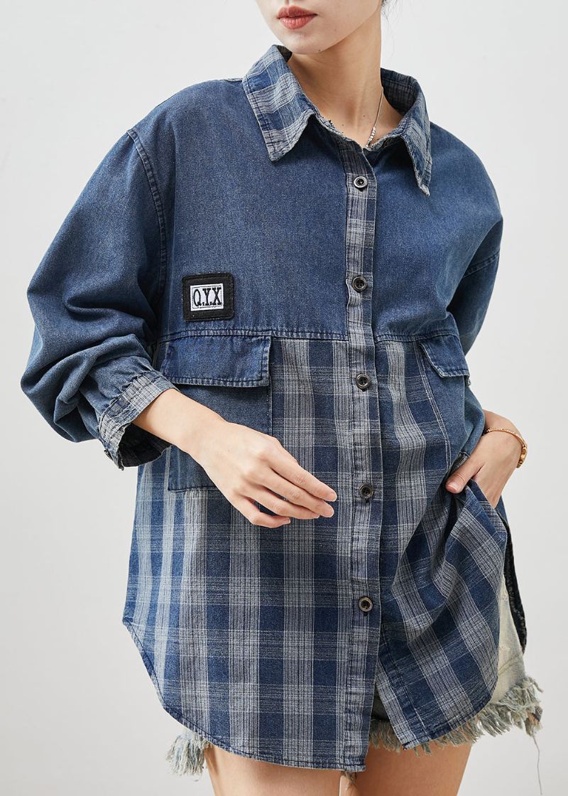 Bricolage Bleu Surdimensionné Patchwork Plaid Denim Manteaux Printemps - Manteaux d'hiver femmes