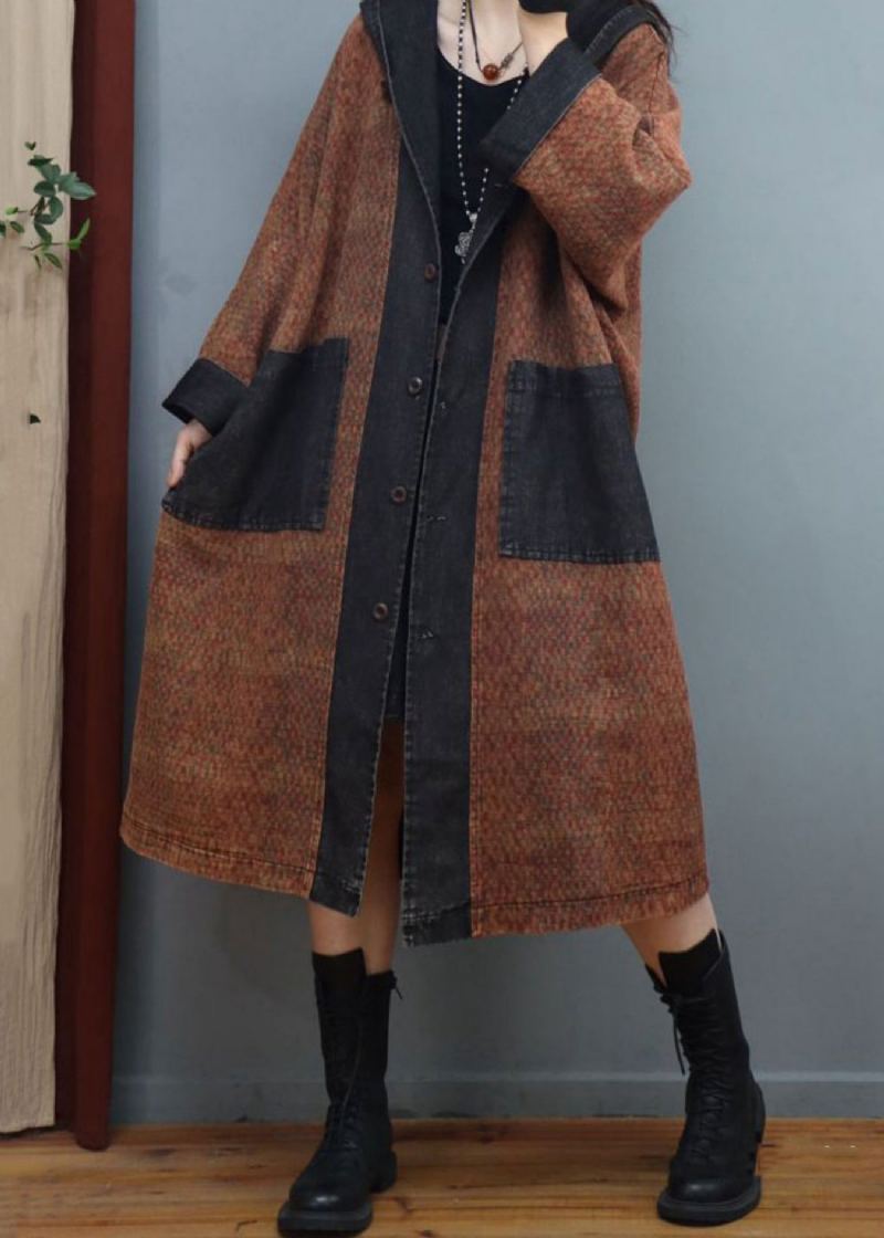 Café En Vrac À Capuche Bouton Denim Patchwork Longs Manteaux Automne - Manteaux d'hiver femmes