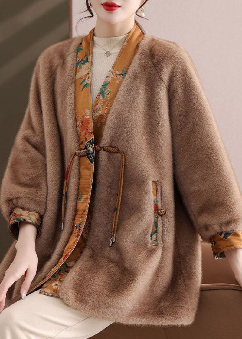 Camel Naturel Col En V Patchwork Bouton Oriental Vison Velours Vêtements D'extérieur Hiver