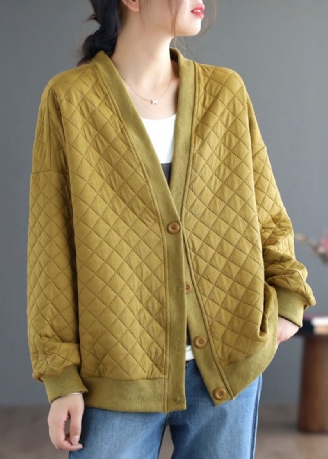 Cardigan En Coton Jaune À Col En V Et Boutons De Grande Taille Manteaux D'automne