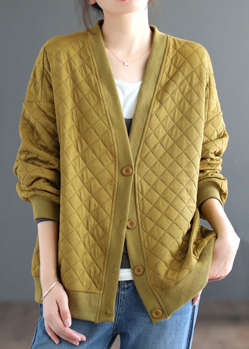 Cardigan En Coton Jaune À Col En V Et Boutons De Grande Taille Manteaux D'automne - Manteaux d'hiver femmes