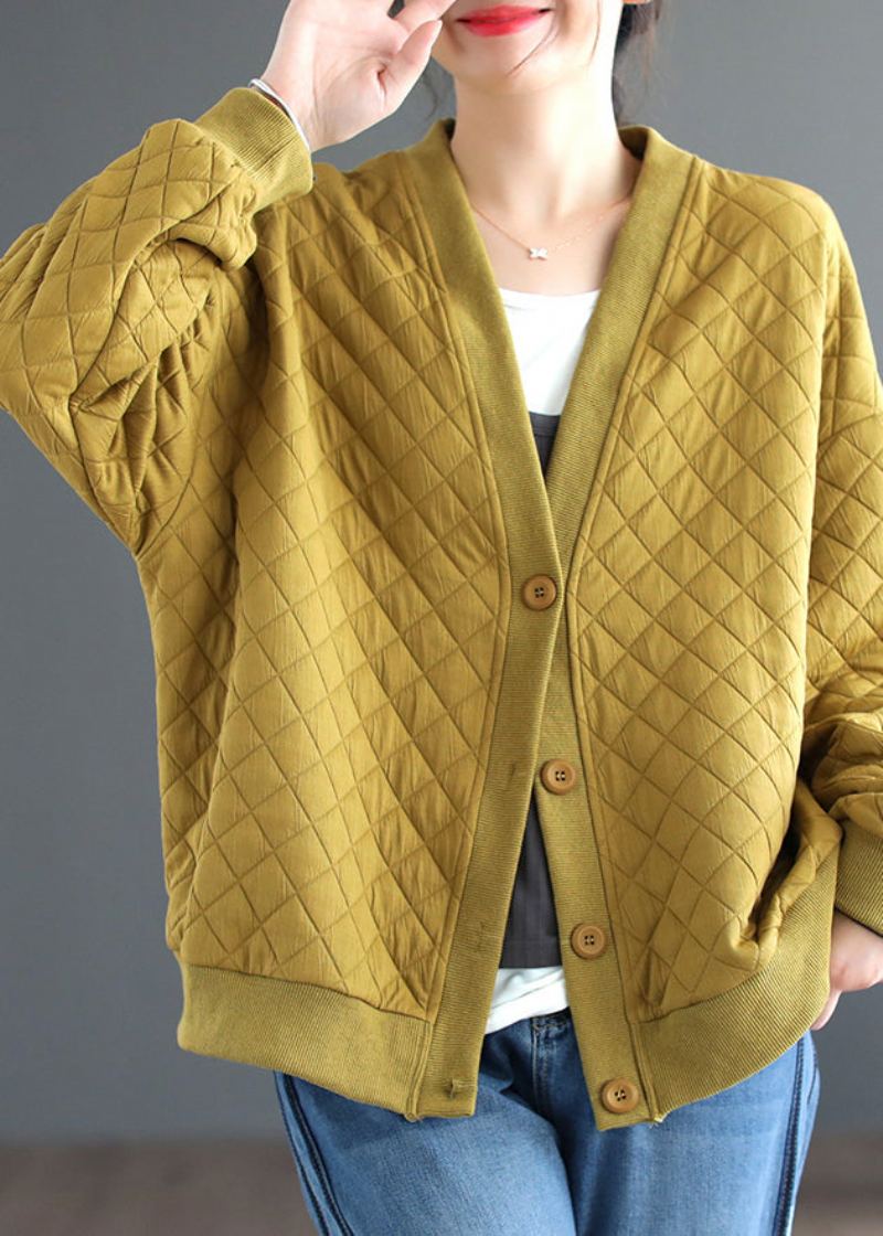 Cardigan En Coton Jaune À Col En V Et Boutons De Grande Taille Manteaux D'automne - Manteaux d'hiver femmes