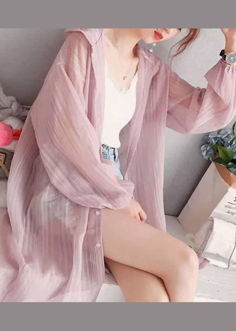 Cardigan Décontracté En Soie Boutonné Rose À Manches Longues