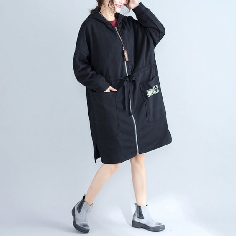 Cardigans En Coton Pour Femmes Grande Taille Imprimés À Capuche Noirs Trench-coat Chaud À Fermeture Éclair Hiver