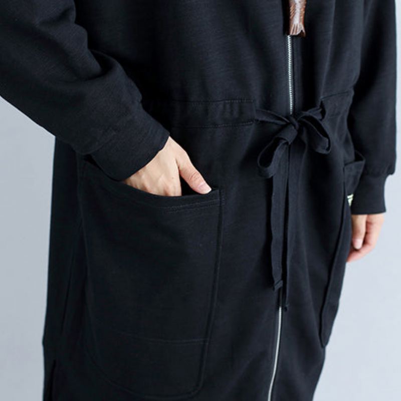 Cardigans En Coton Pour Femmes Grande Taille Imprimés À Capuche Noirs Trench-coat Chaud À Fermeture Éclair Hiver - Manteaux d'hiver femmes