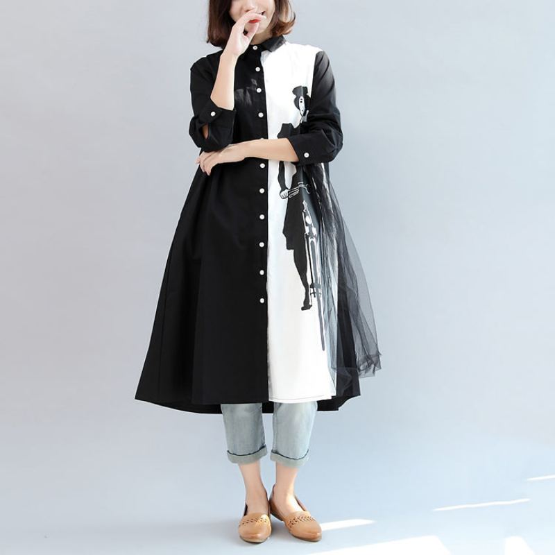 Cardigans Surdimensionnés Décontractés À Manches Longues Patchwork Noir Et Blanc Vêtements D'extérieur En Coton - Manteaux d'hiver femmes