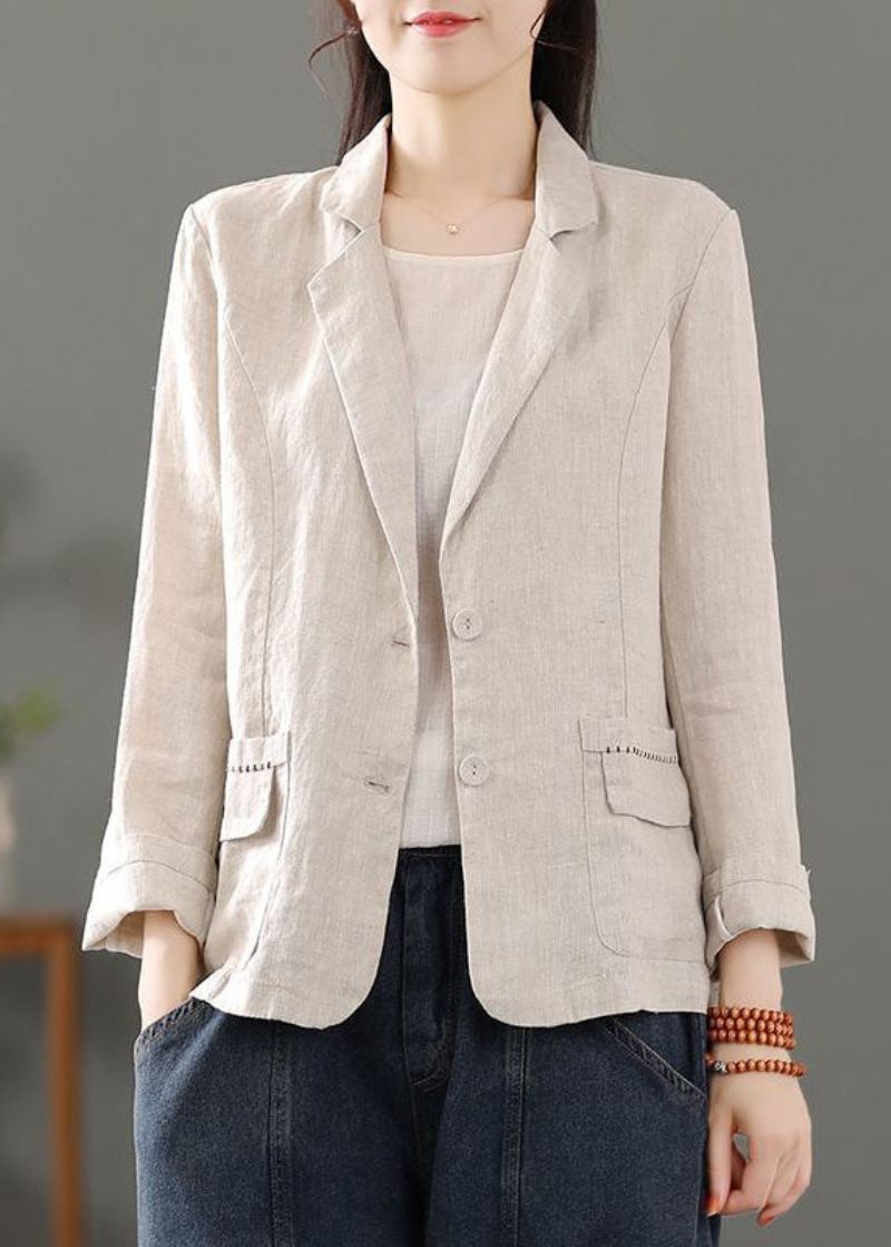 Casual Beige Poches Patchwork Bouton Lin Manteaux Printemps