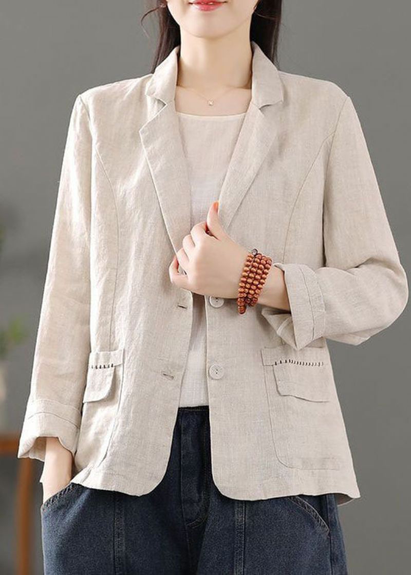 Casual Beige Poches Patchwork Bouton Lin Manteaux Printemps - Manteaux d'hiver femmes