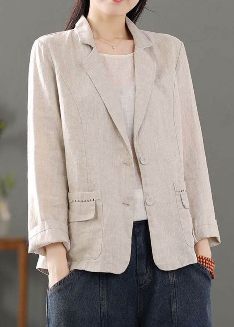 Casual Beige Poches Patchwork Bouton Lin Manteaux Printemps - Manteaux d'hiver femmes