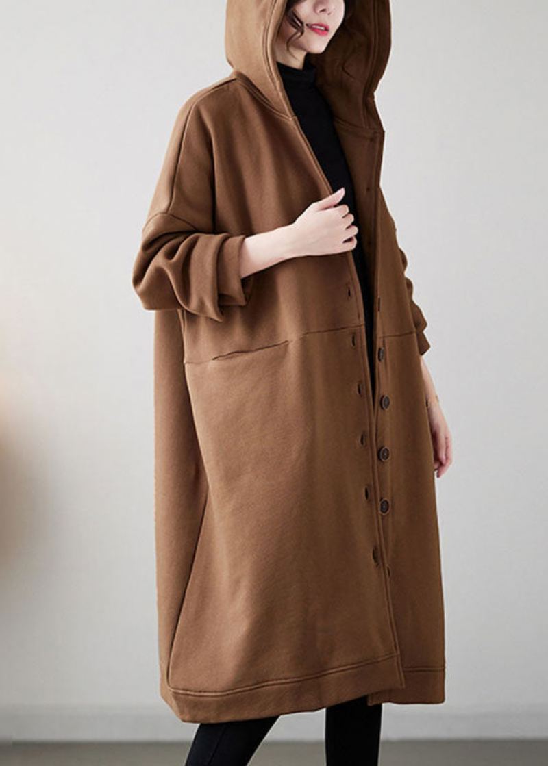 Casual Camel Bouton Chaud Polaire Épais À Capuche Maxi Manteau Hiver - Chameau