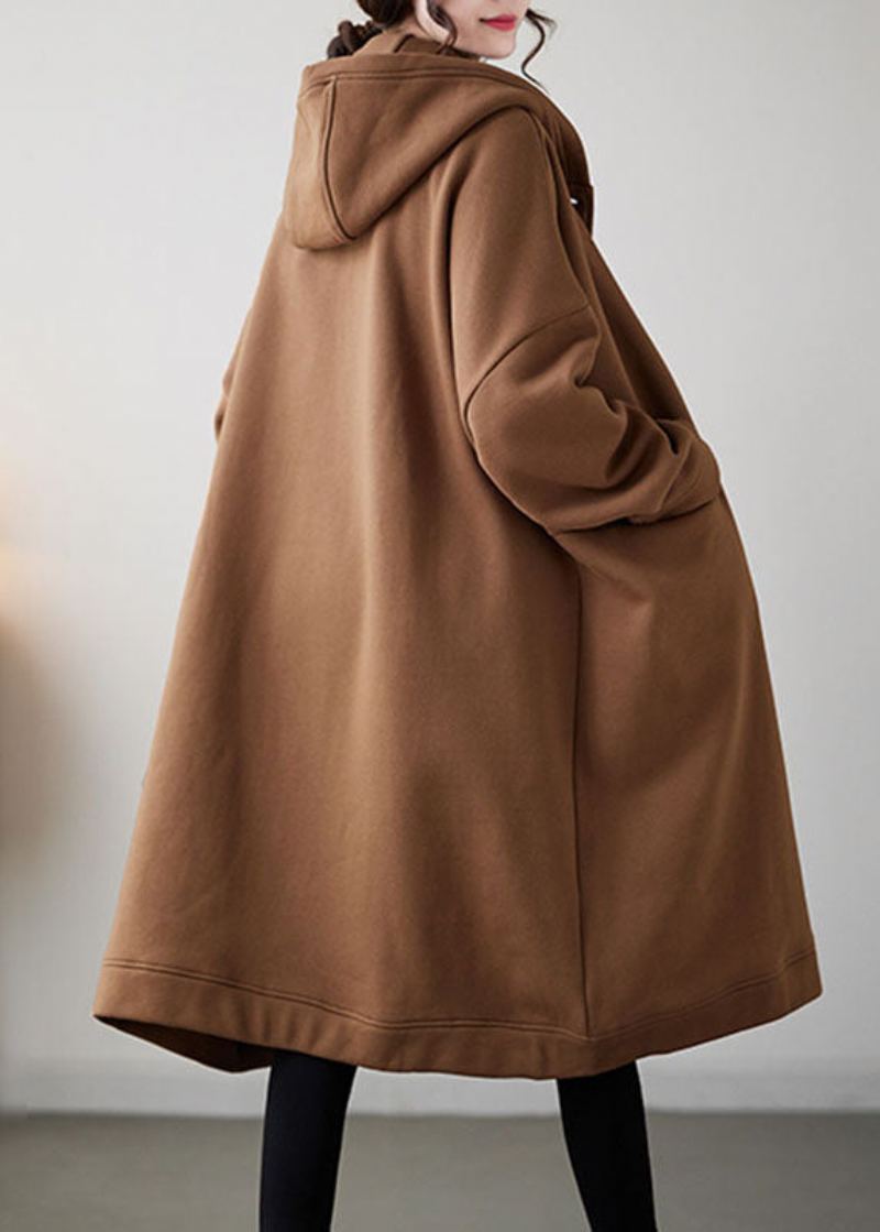 Casual Camel Bouton Chaud Polaire Épais À Capuche Maxi Manteau Hiver - Chameau