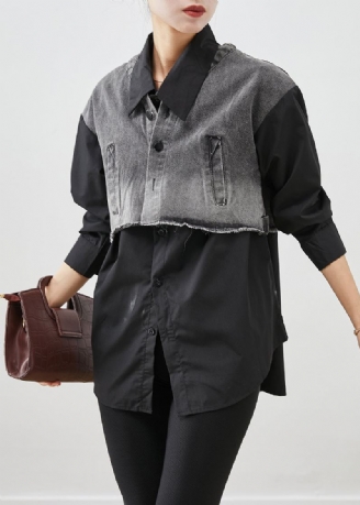 Chemise En Coton Denim Patchwork Noir Hauts Surdimensionné Automne