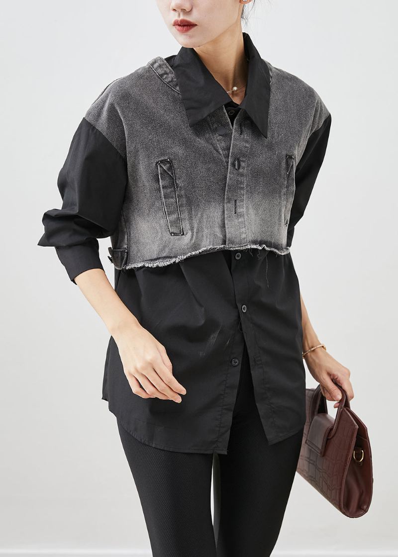 Chemise En Coton Denim Patchwork Noir Hauts Surdimensionné Automne - Manteaux d'hiver femmes