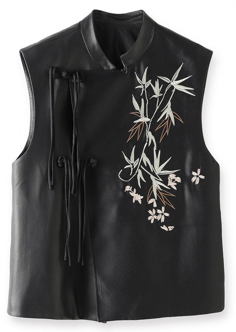 Chemise En Cuir Brodée De Boutons Chinois Noirs Gilet Sans Manches Boutique - Manteaux d'hiver femmes