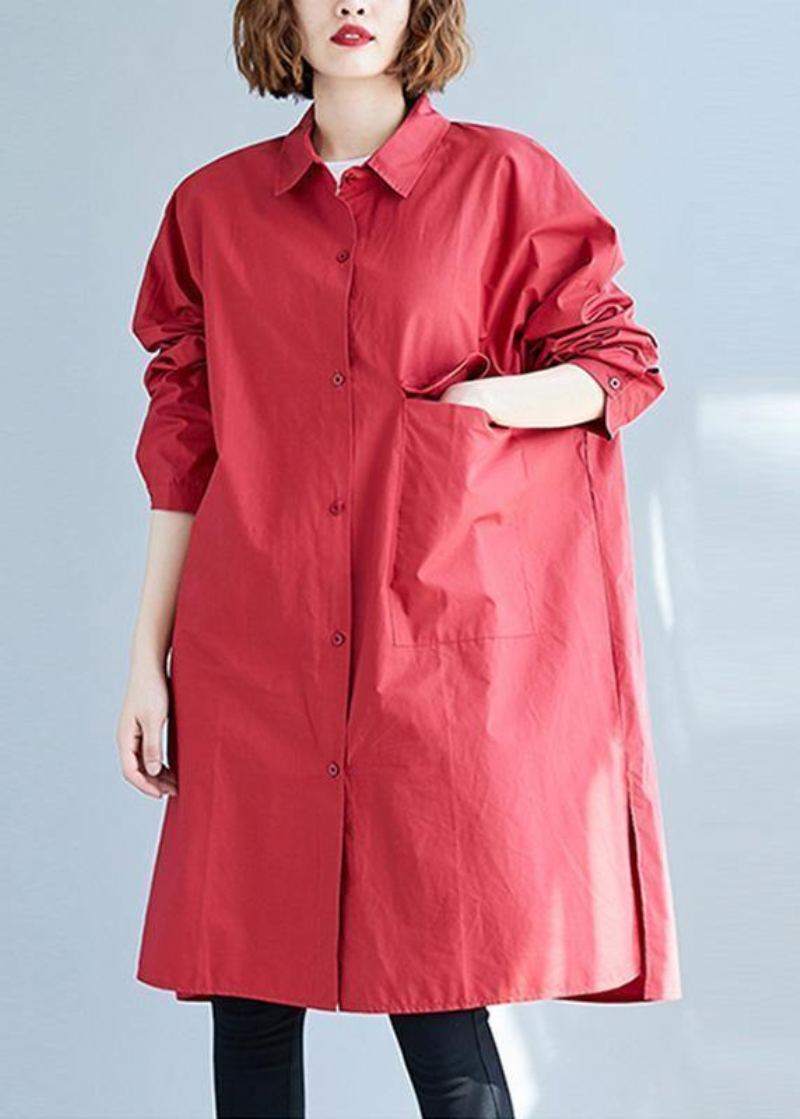 Chemise Rouge À Manches Longues En Coton Pour Femmes Grandes Poches Robes D'automne - Rouge