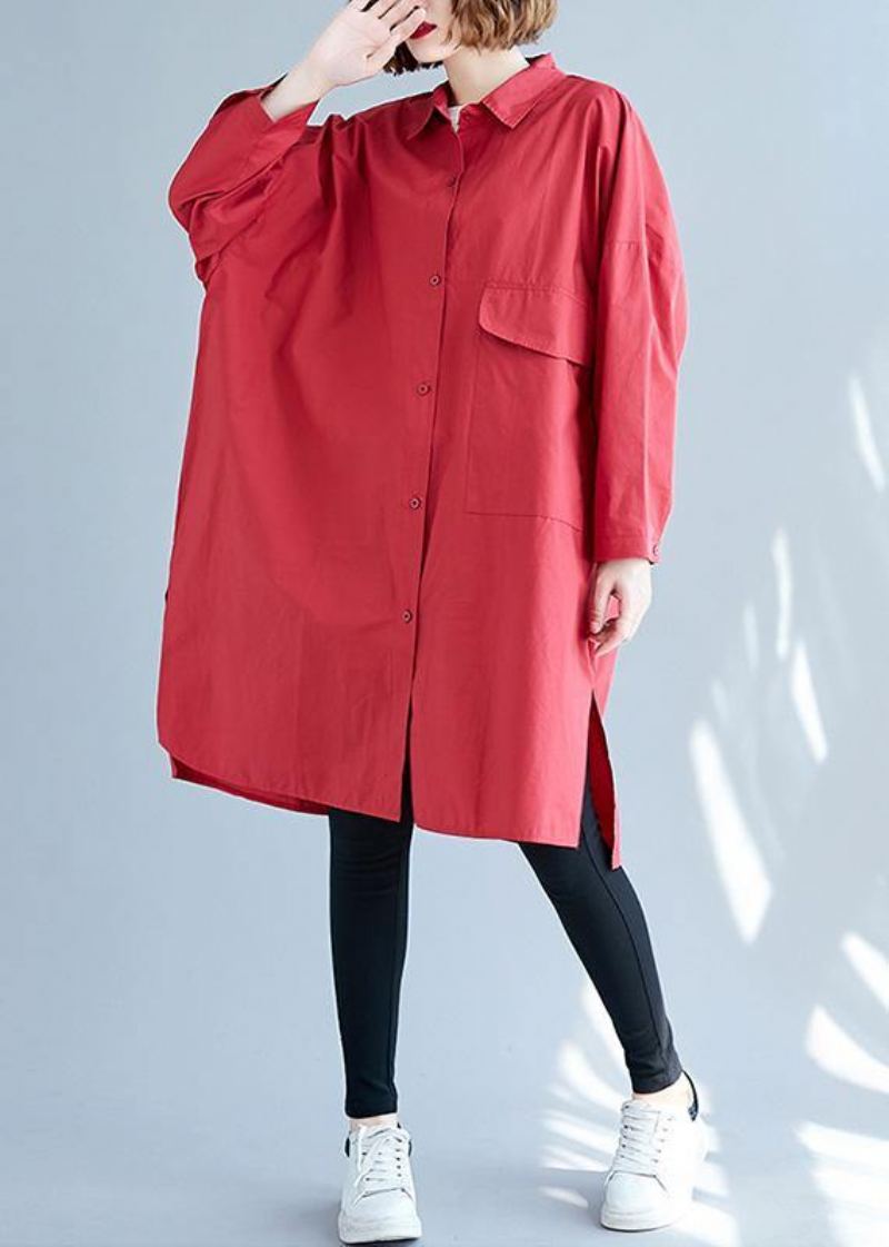 Chemise Rouge À Manches Longues En Coton Pour Femmes Grandes Poches Robes D'automne - Rouge