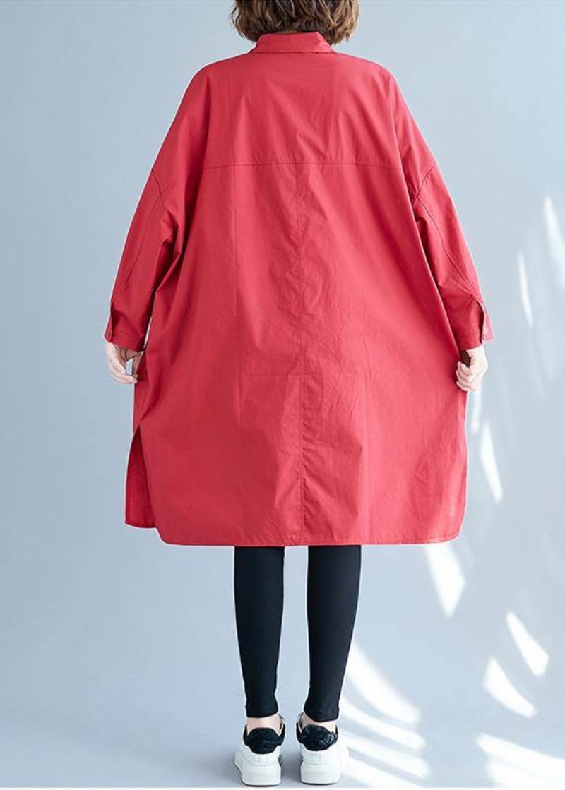 Chemise Rouge À Manches Longues En Coton Pour Femmes Grandes Poches Robes D'automne - Rouge