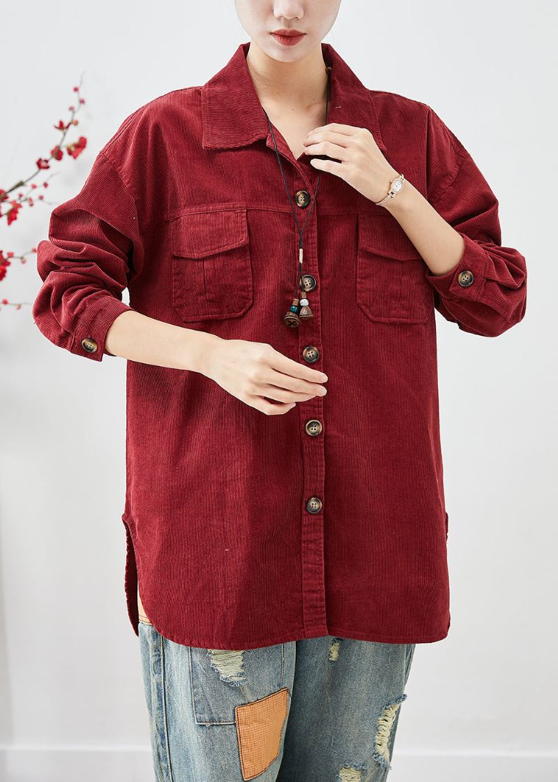 Chemise En Velours Côtelé Rouge Terne Manteaux Surdimensionnés Boutonnés Automne - Manteaux d'hiver femmes