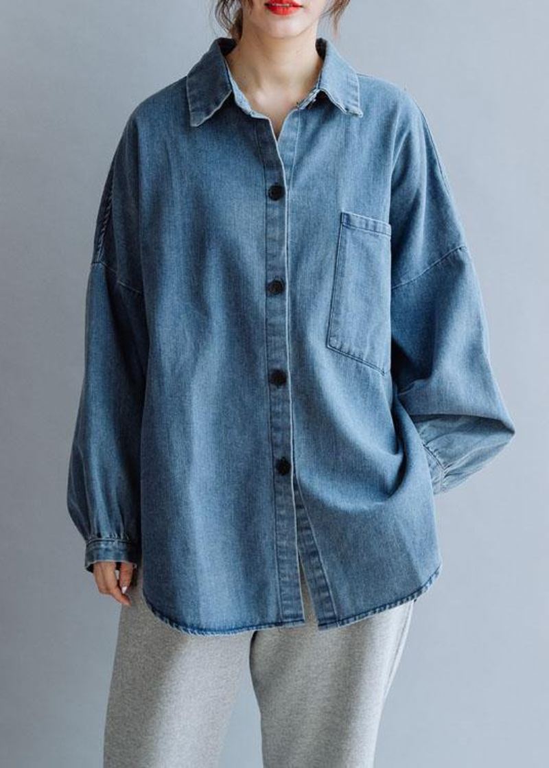 Chemises Françaises En Coton Pour Femmes Design Bas Et Haut Chemisier Bleu Denim À Motif Automne