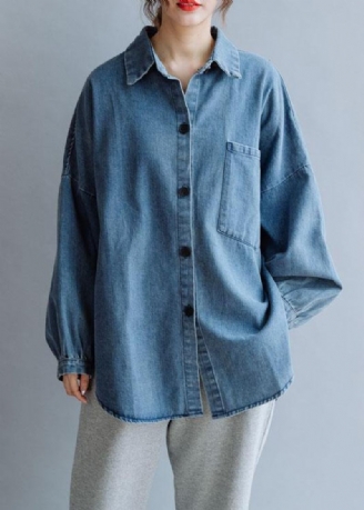 Chemises Françaises En Coton Pour Femmes Design Bas Et Haut Chemisier Bleu Denim À Motif Automne