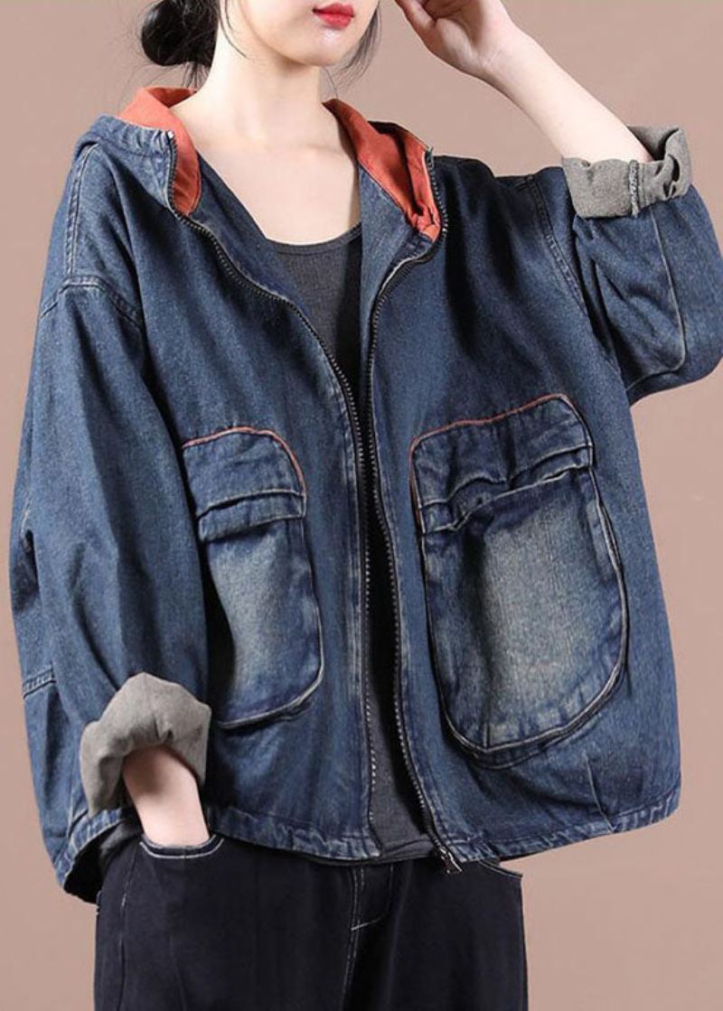 Chic Bleu À Capuche Poches Zippées Automne Denim Manteau Manches Longues - Manteaux d'hiver femmes