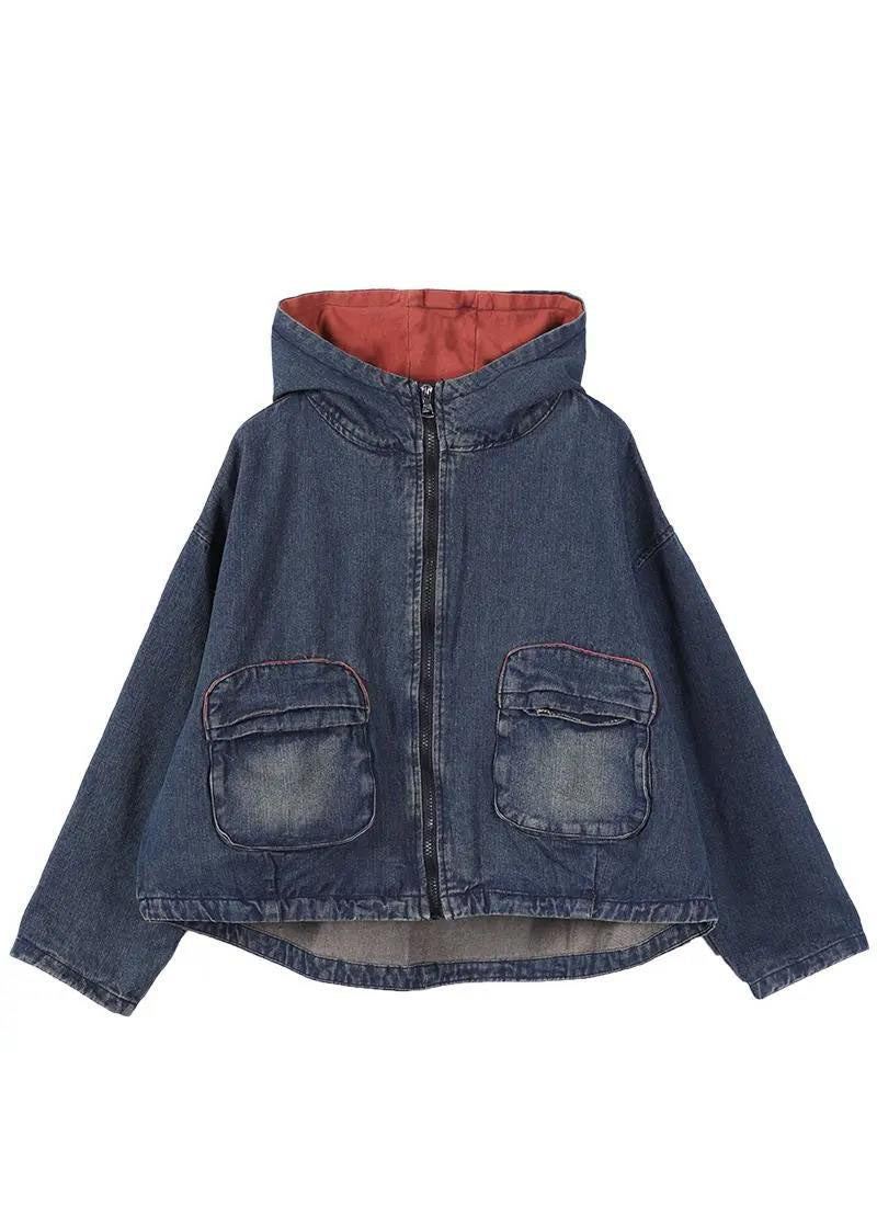 Chic Bleu À Capuche Poches Zippées Automne Denim Manteau Manches Longues - Manteaux d'hiver femmes