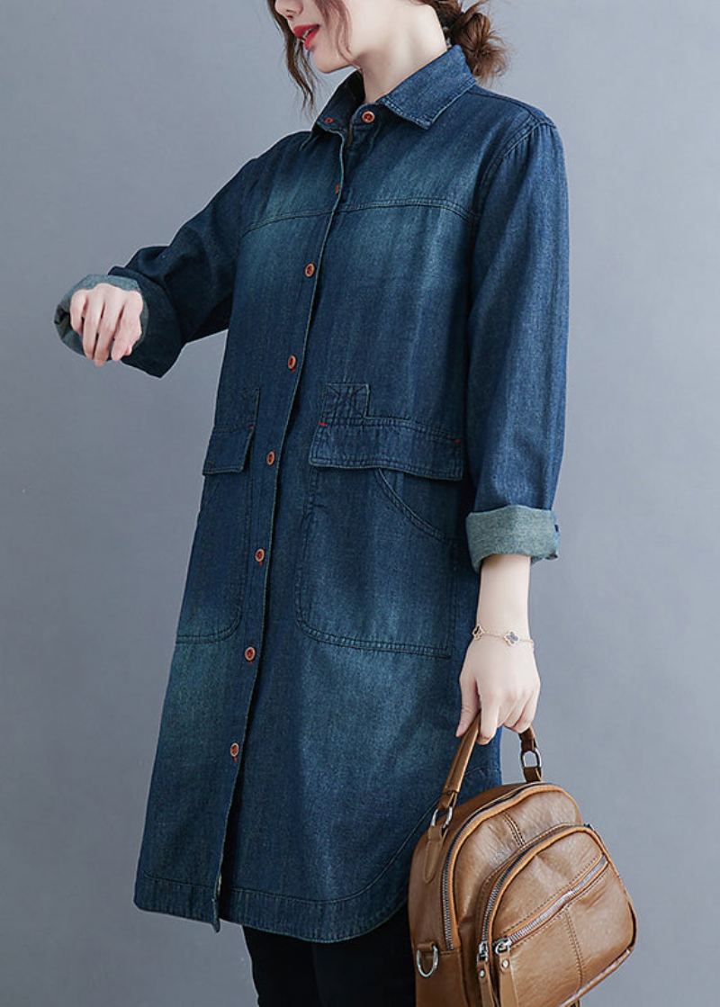 Chic Bleu Col Claudine Poches Denim Manteaux À Manches Longues - Manteaux d'hiver femmes